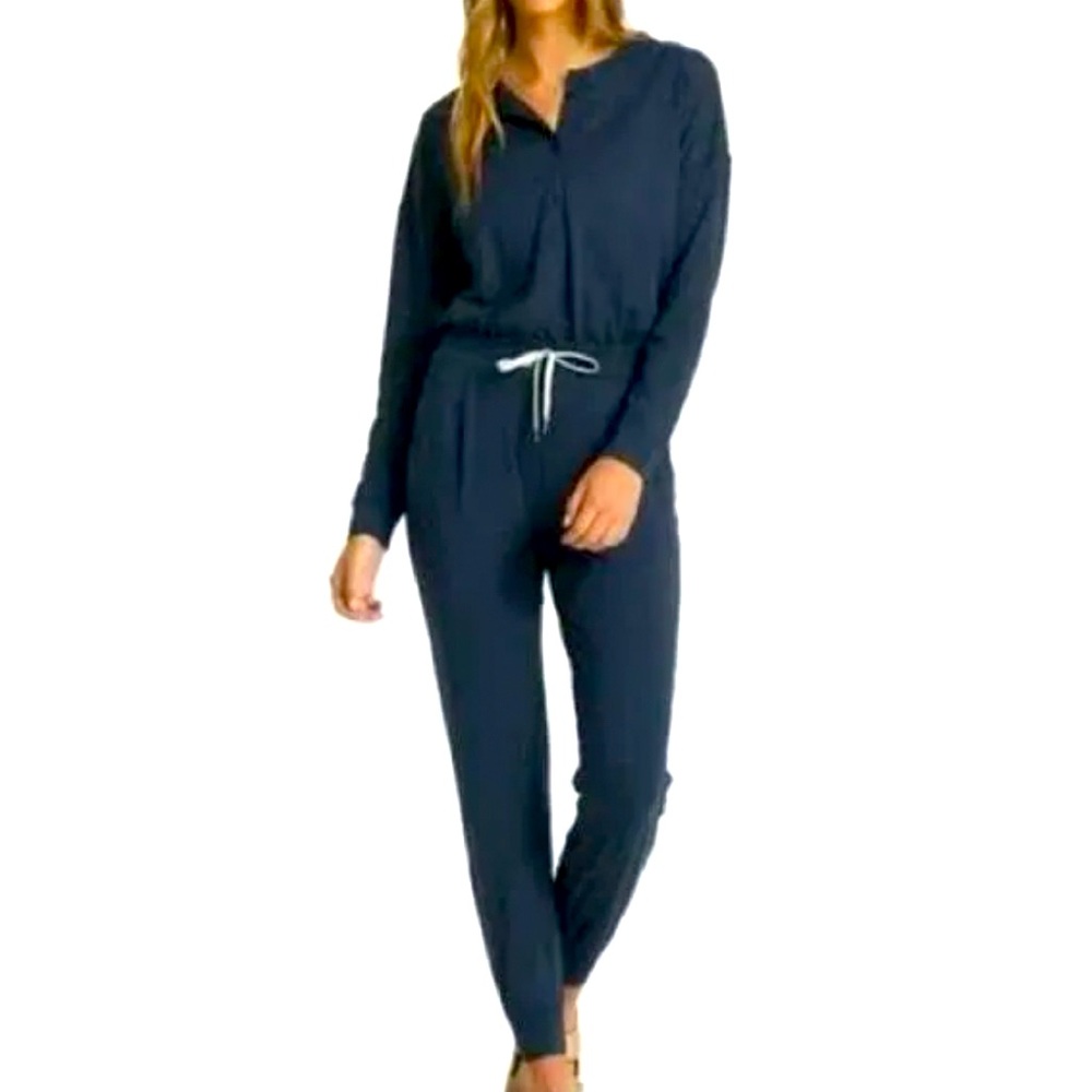 VUORI Lux Long Sleeve V-Neck Jogger Jumpsuit Midnight Heather Black